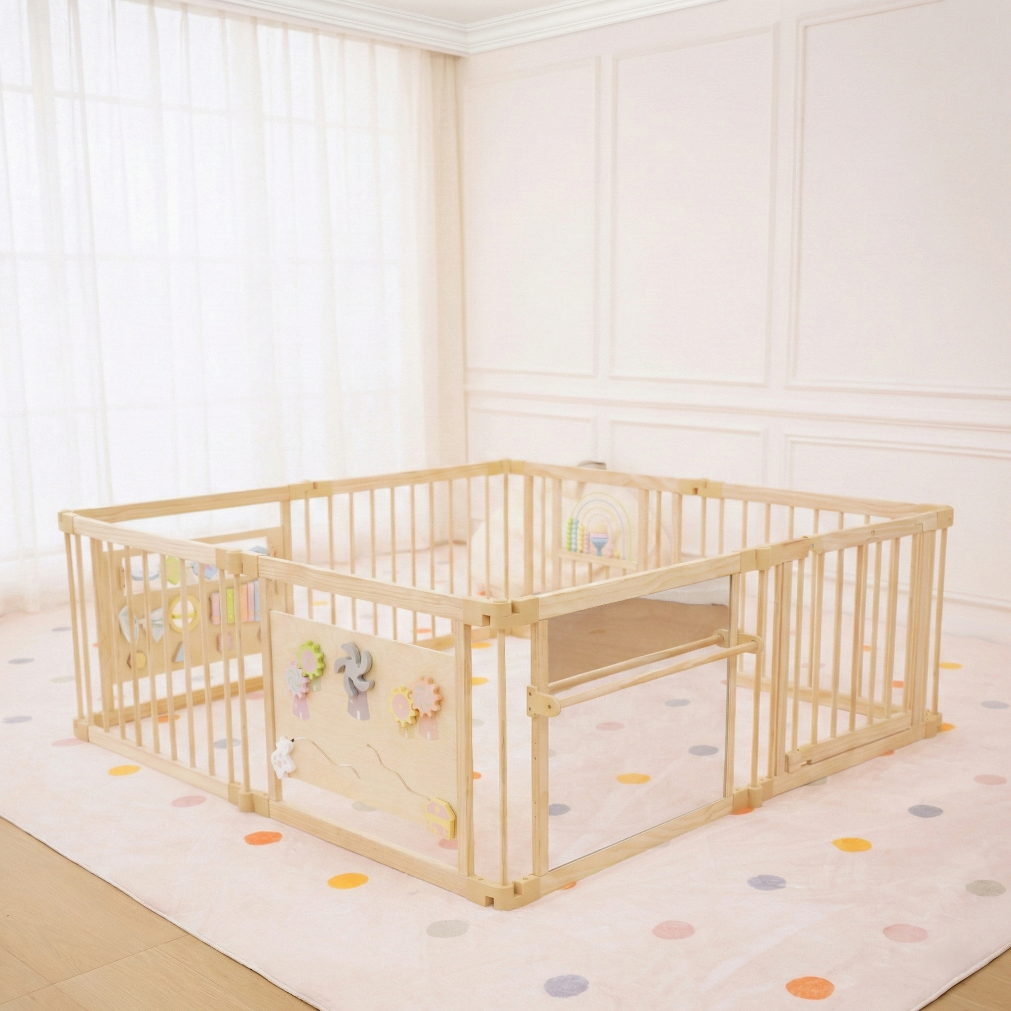 Wooden Baby Playpen with Mirror & Whiteboard Panel – Foldable 63" x 63" Montessori Sensory Play Yard