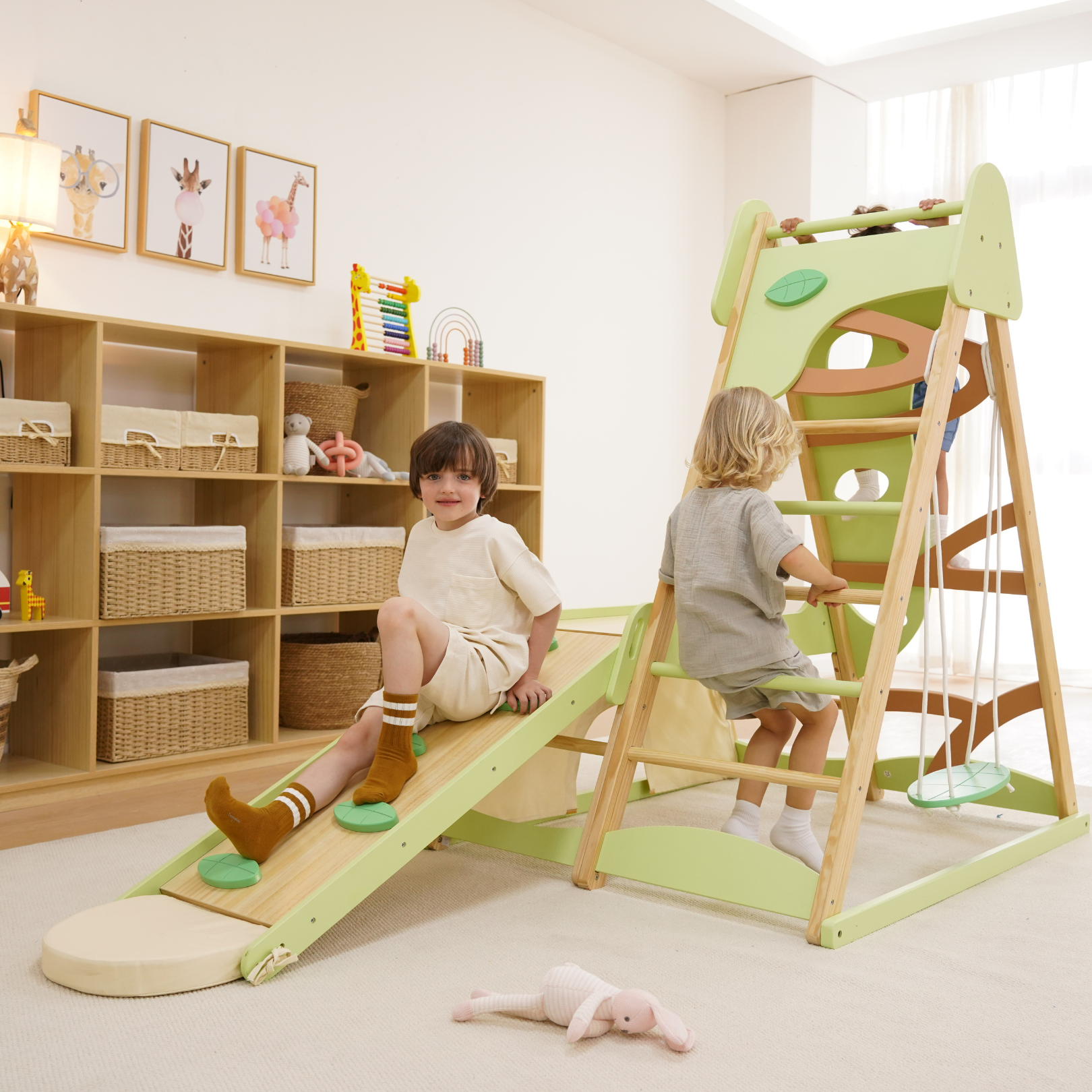 Avenlur Bush 6-in-1 Indoor Wooden Jungle Gym Climber – Montessori Toddler Playset with Slide, Rock Wall, Ladder & More