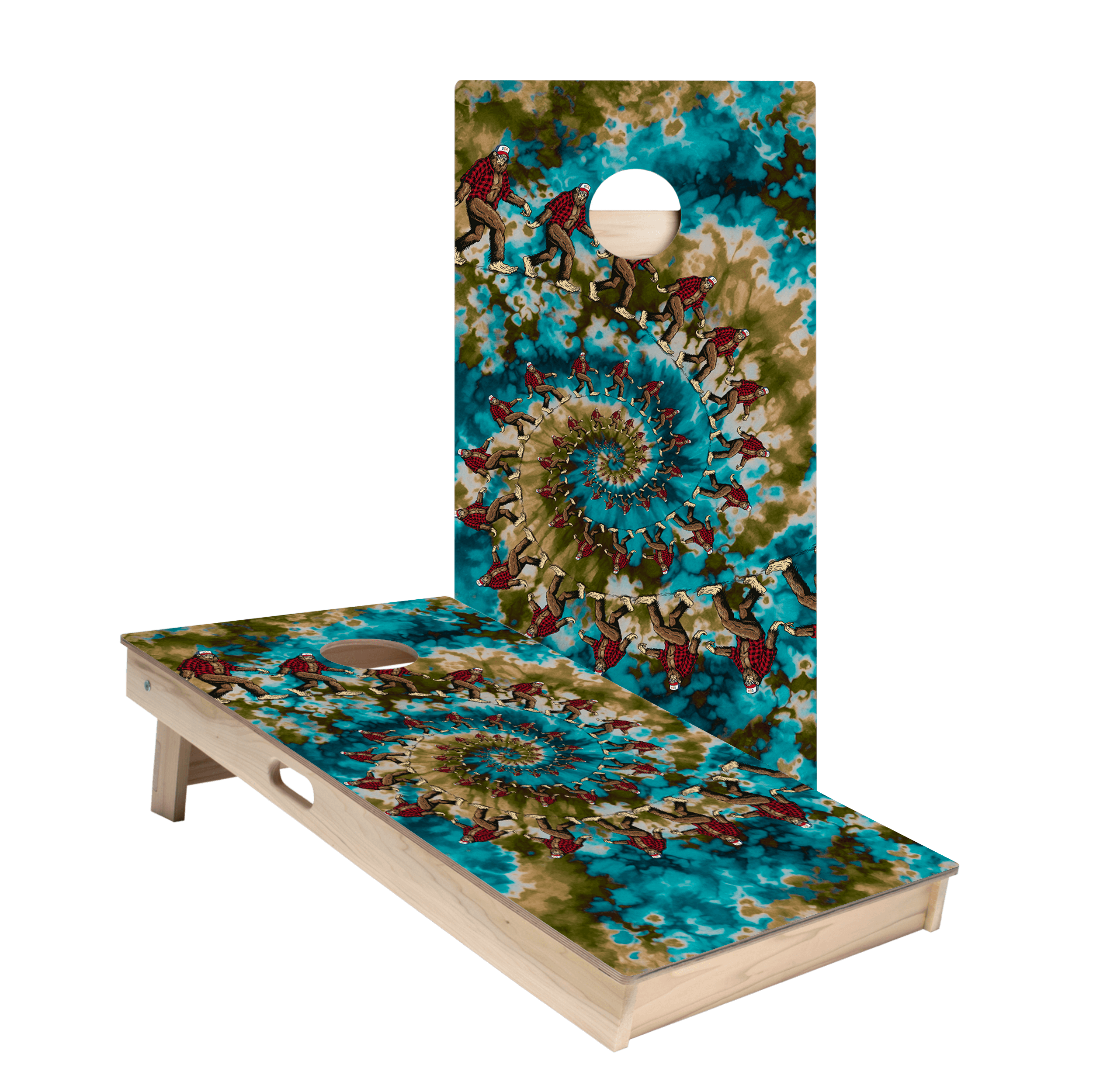 Spiral Tie-Dye Sasquatch Star Cornhole Boards
