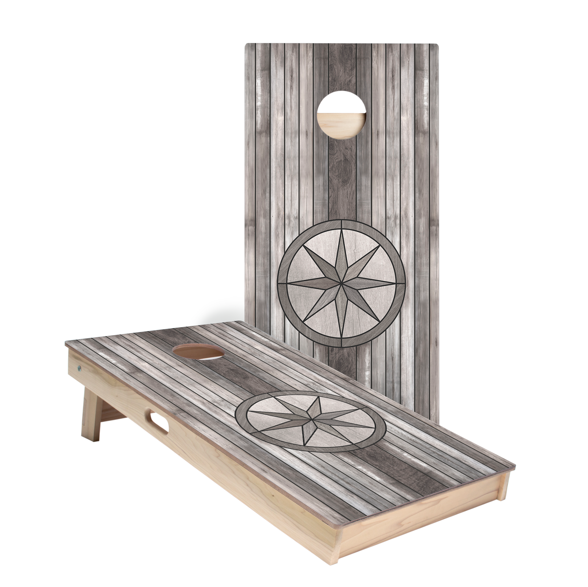 Gray Wood Compass Star Cornhole Boards