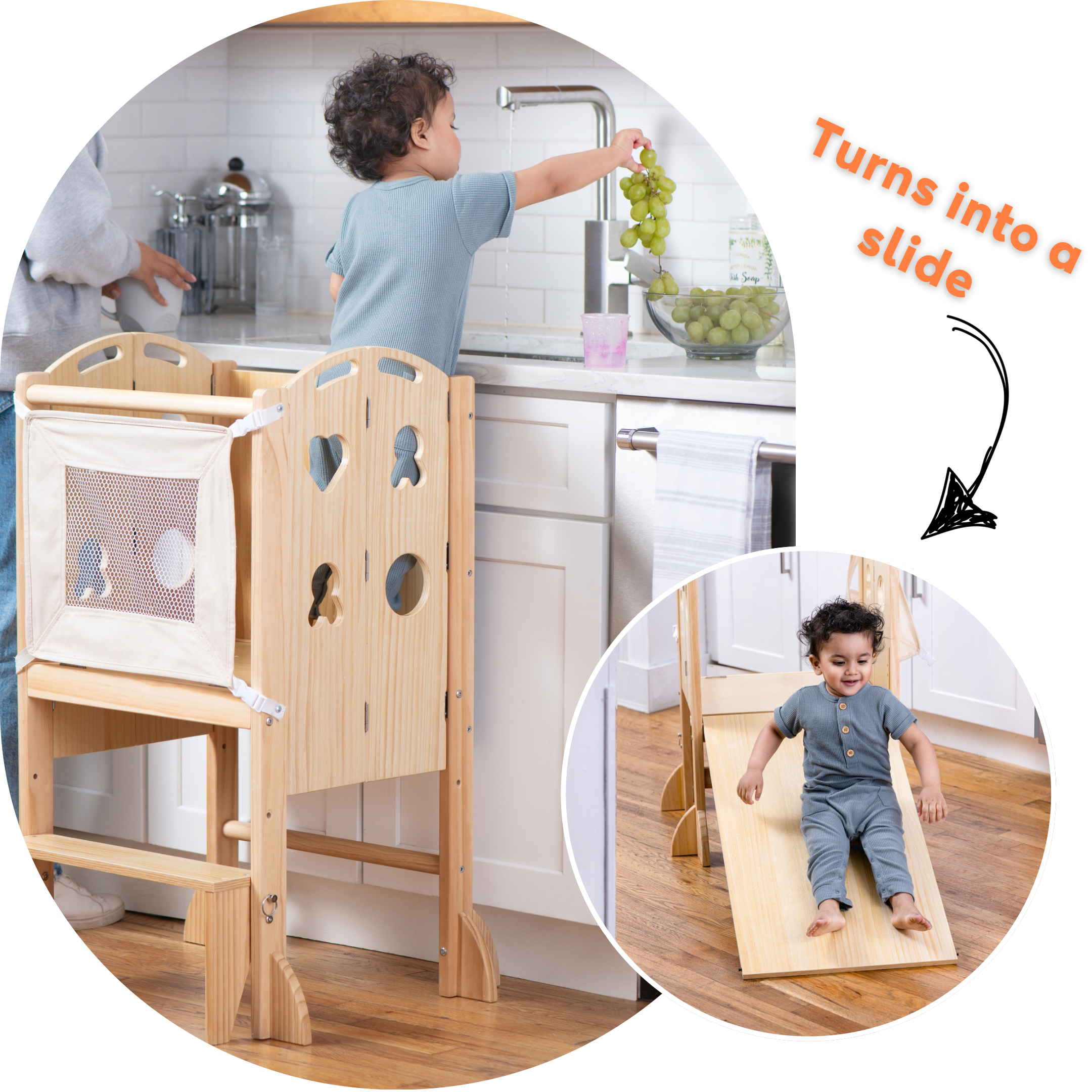 Laurel 4-in-1 Foldable Kitchen Tower, Step Stool, Slide & Chalkboard for Toddlers